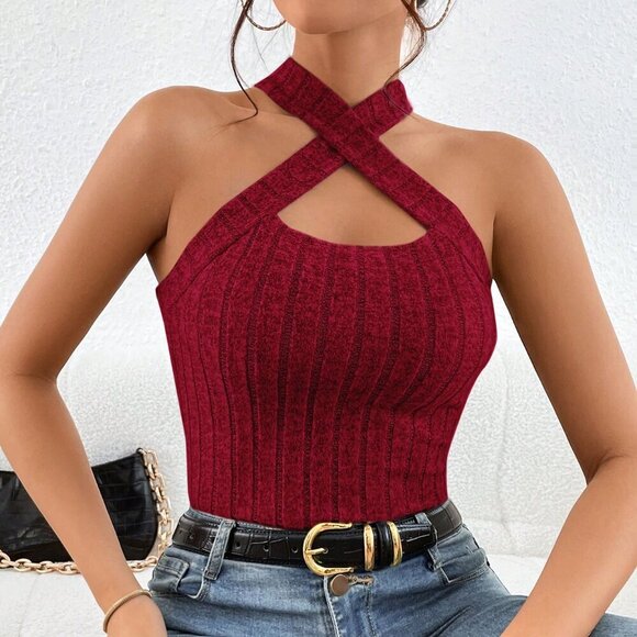 Tops - Burgundy Casual Women's Ribbed Knit Crisscross Halter Top